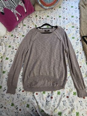 Renee C. Taupe Eyelet-Shoulder Crewneck Sweater